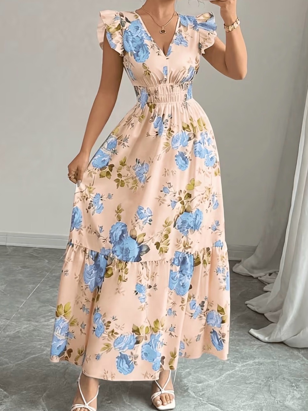 Floral Flutter Sleeve Maxi Dress - Pink with Blue Bloom